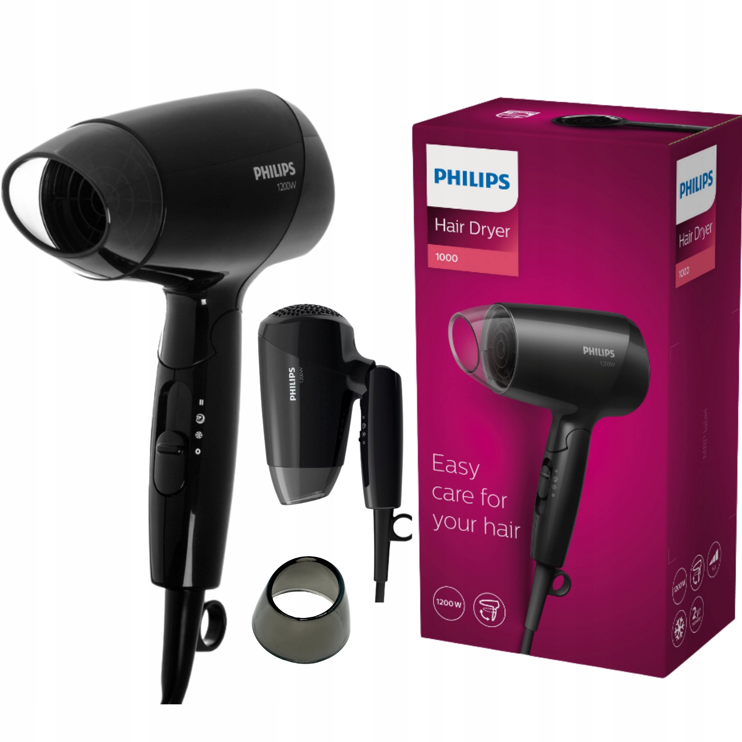 Philips EssentialCare BHC010/10 – kompaktný skladací cestovný fén na vlasy, 1200 W