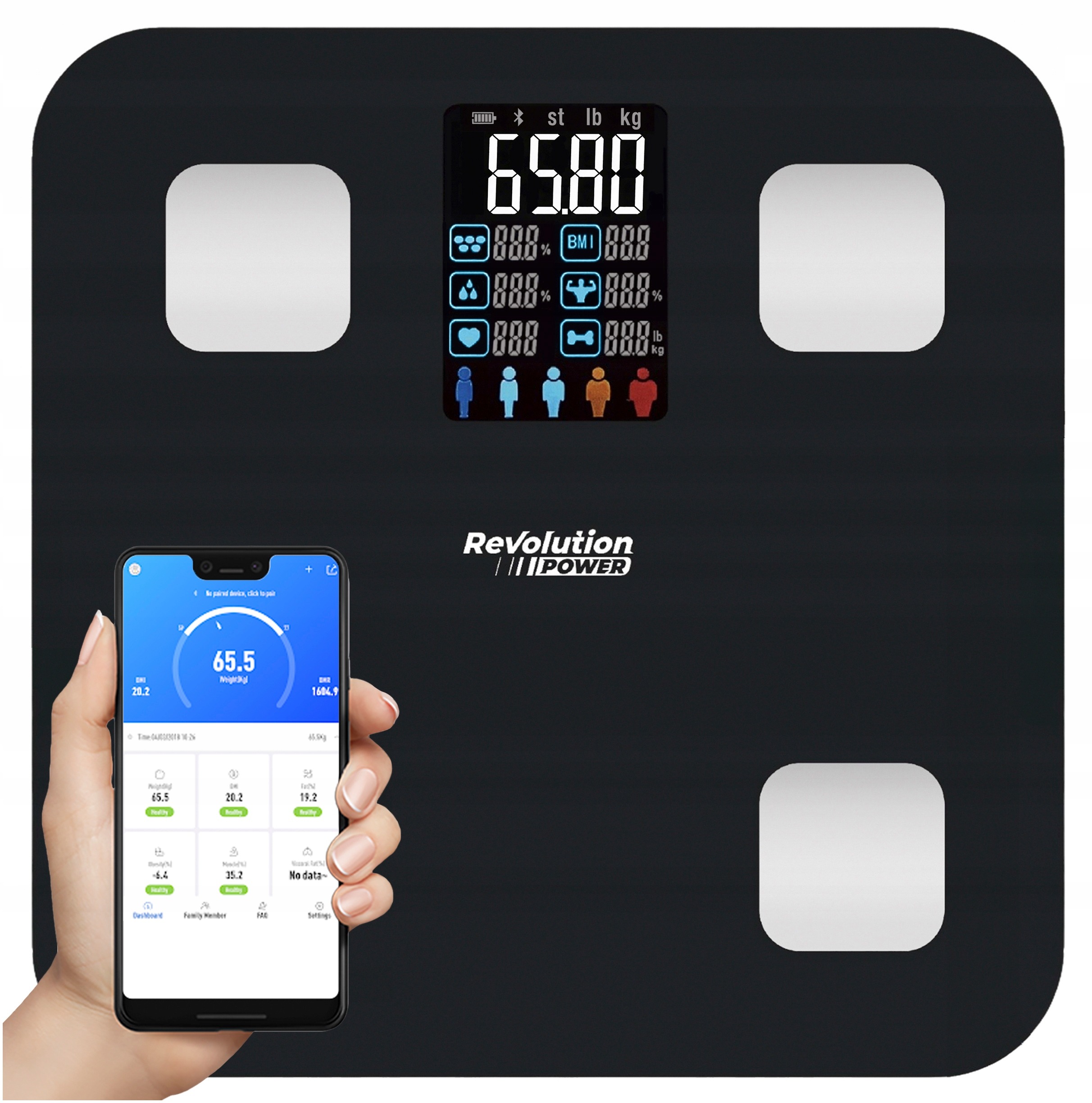 Inteligentná analytická osobná váha Revolution POWER PR-565-NM Bluetooth, 180 kg, čierna