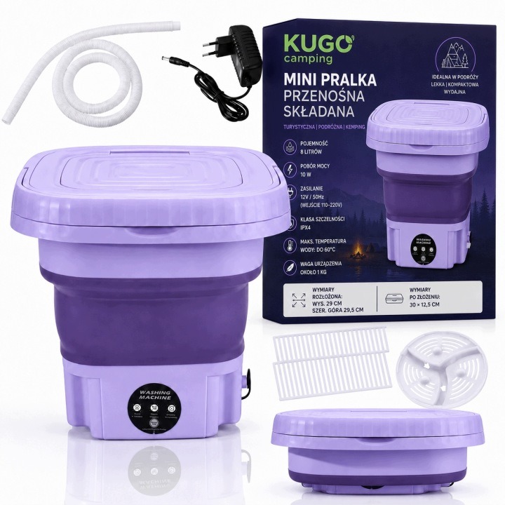 Mini skladacia cestovná práčka KUGO Camping 8 l 12 V s odstreďovaním