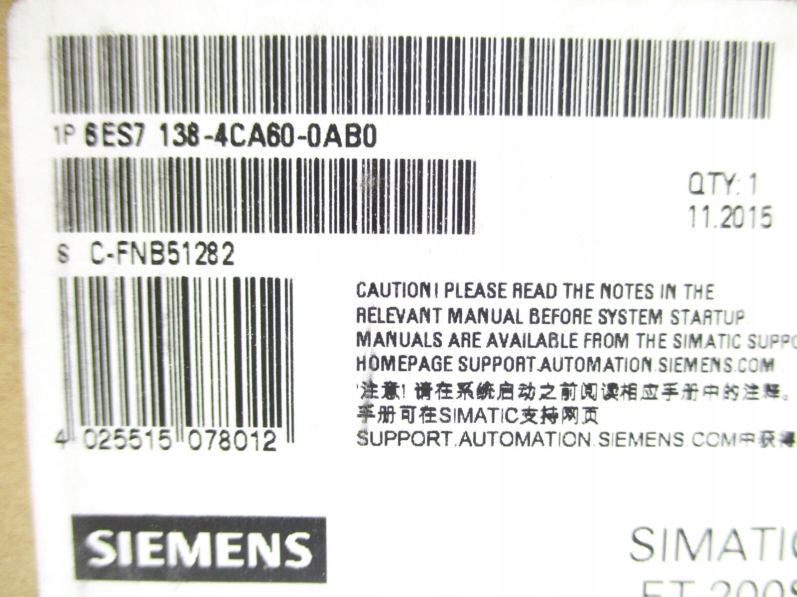 1 KS NOVÝ Siemens 6ES7138-4CA60-0AB0 Napájací modul