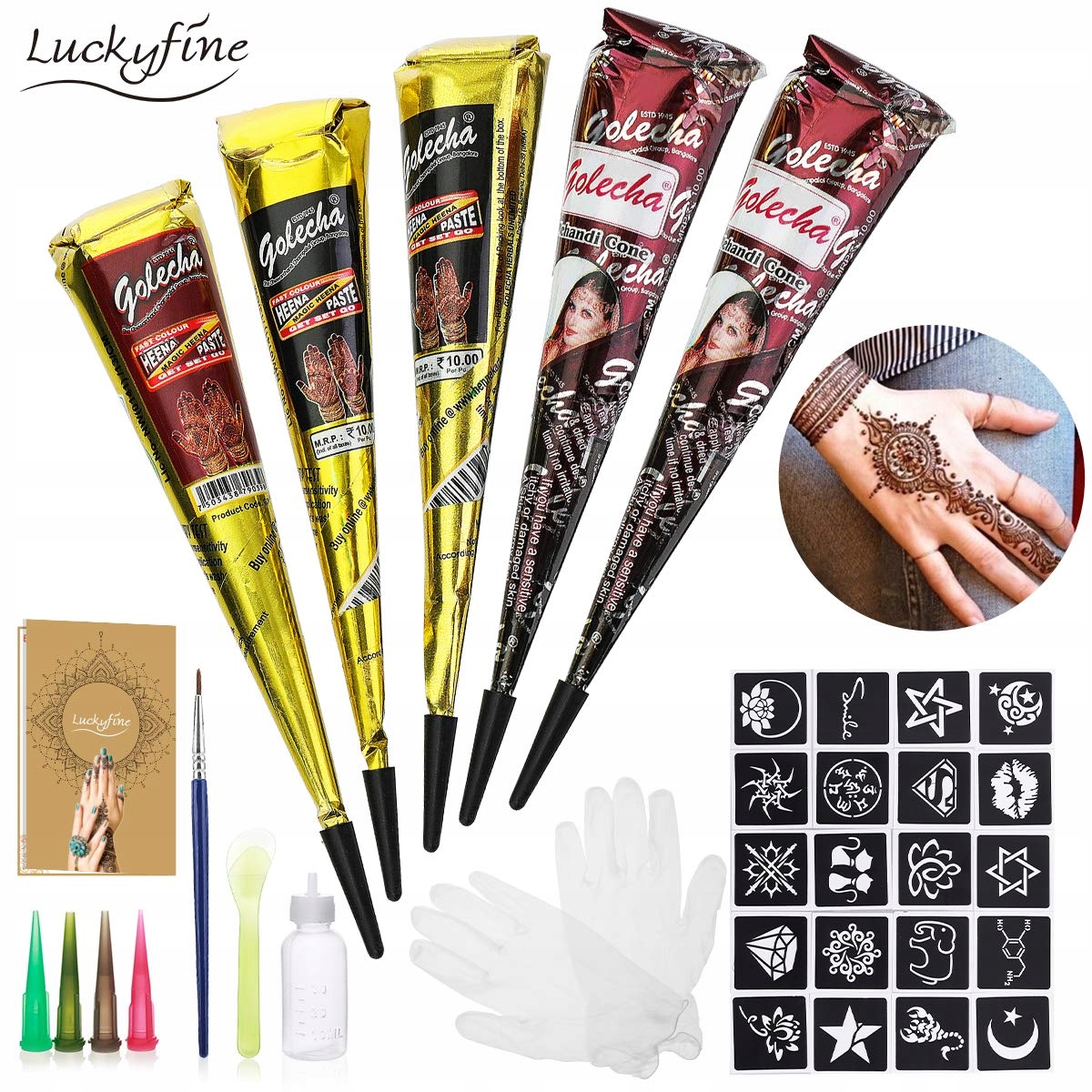 VEĽKÁ SADA TATTOO HENNA, 3 FARBY + DOPLNKY