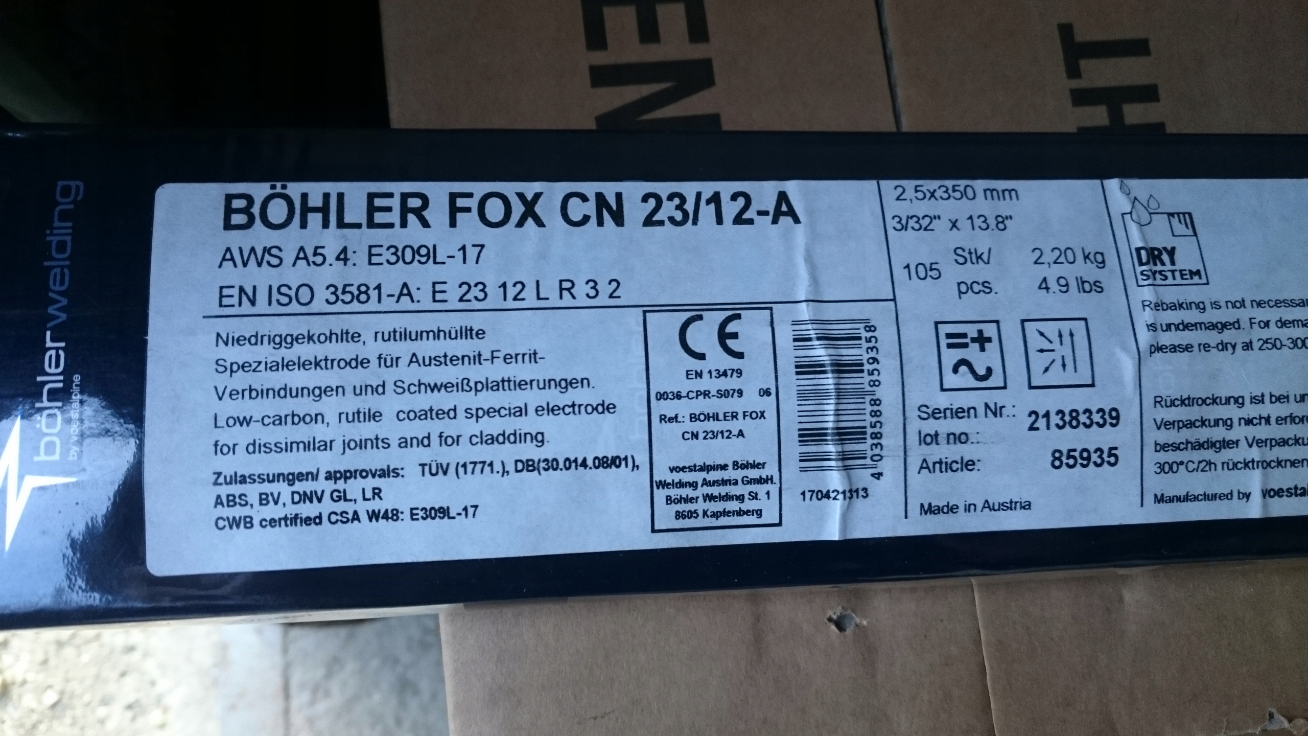 ELEKTRODY BOHLER FOX CN 23/12-A. 2,5 x 350 mm. 2,2 kg