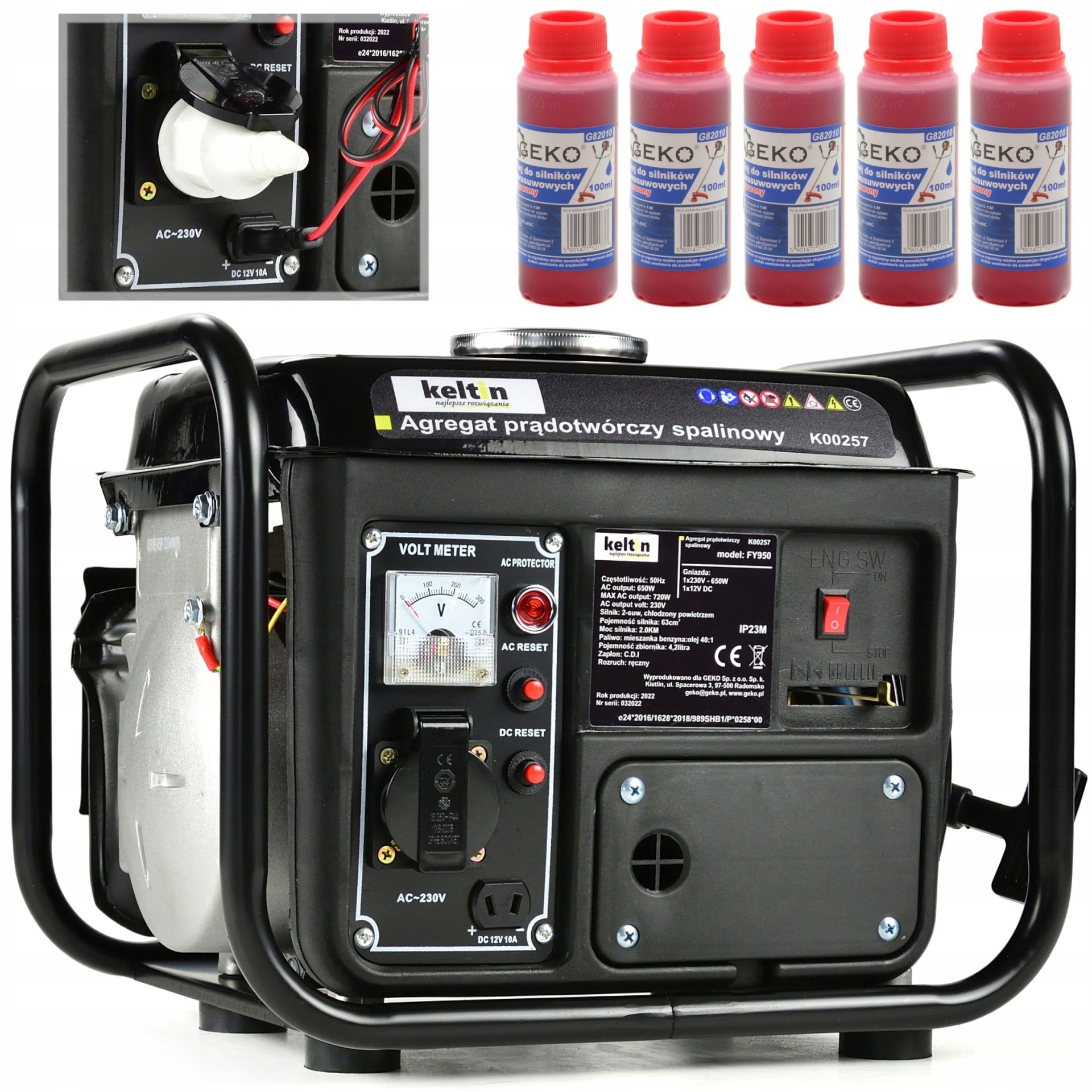 Prenosná jednofázová elektrocentrála Keltin 720 W benzín + 5× Olej pre dvojtaktné motory Geko G82010 100 ml