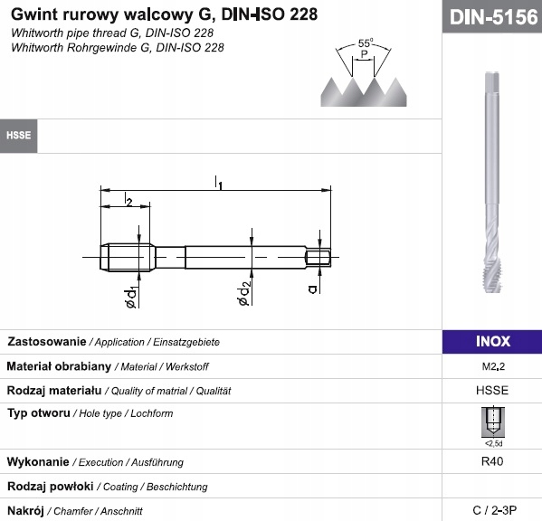 Strojový závitník G 1/4 'DIN5156C R40 HSSE INOX