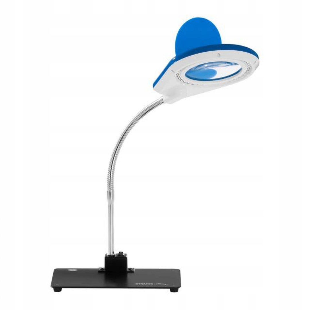 Modrá stolová lampa s lupou