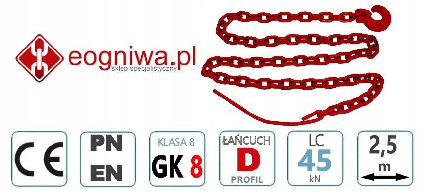 Štvorcová šmyková reťaz, trieda 80, 8mm, 2,5m