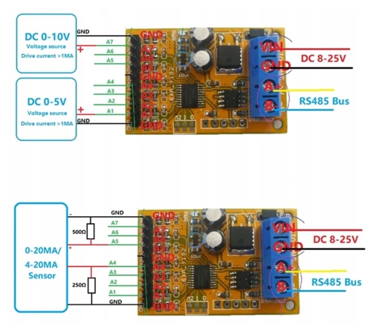 Analógový modul 0-10 / 4-20 k PLC RS485 MODBUS RTU