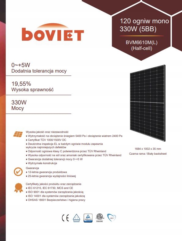 Fotovoltaický modul Boviet BVM6610M-330L-HC 330W