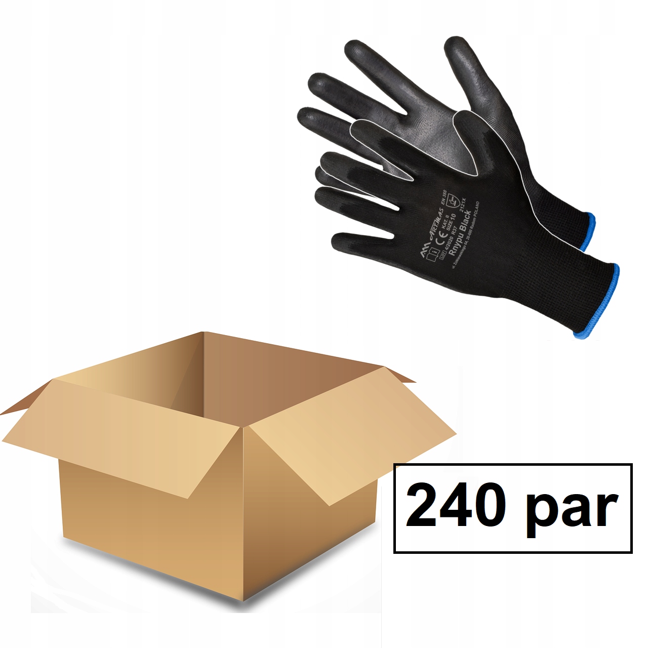 BEZŠVOVÉ PRACOVNÉ RUKAVICE RnyPu Black PLNÁ BOX 240 párov veľkosť 10