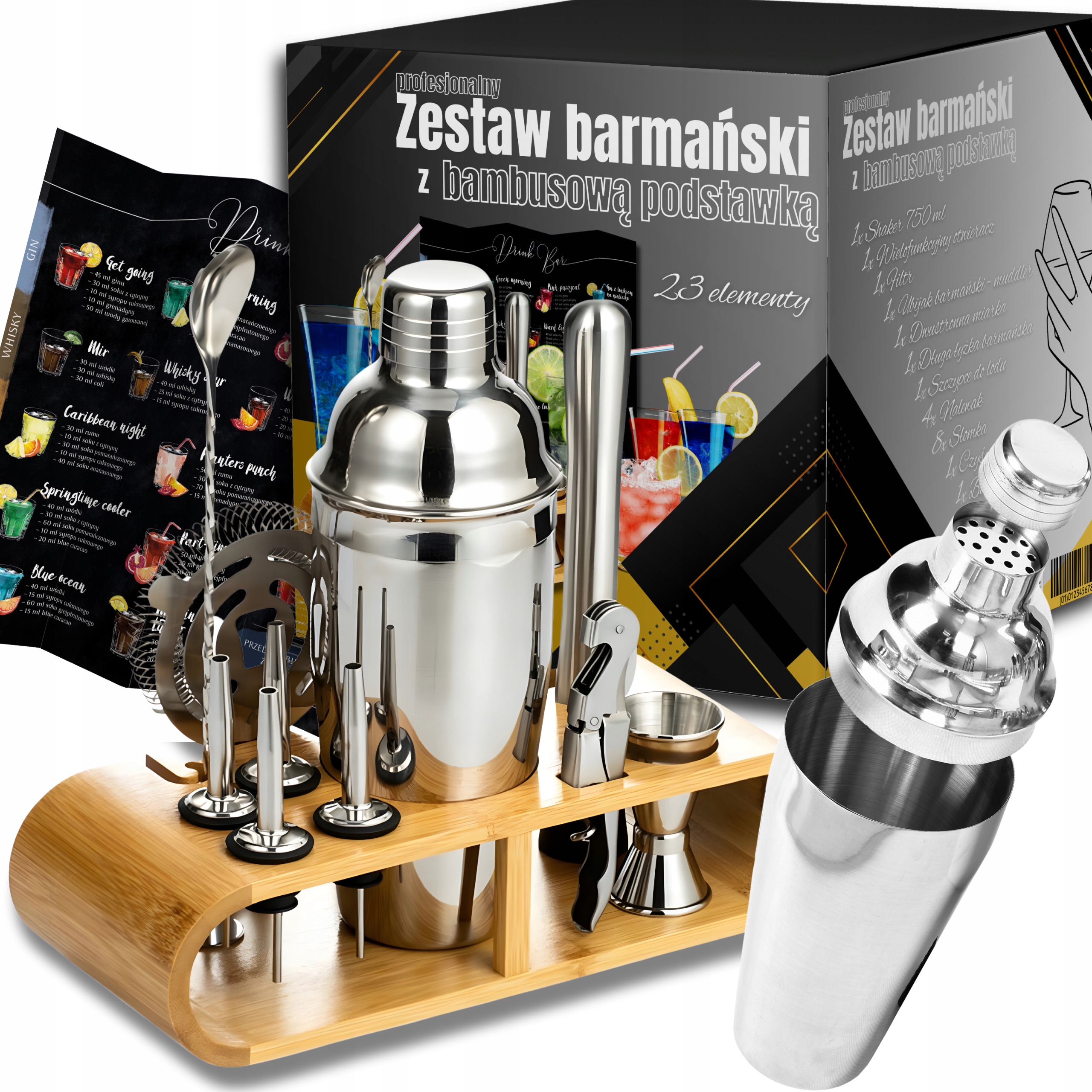 PROFESIONÁLNA BARMANSKÁ SÚPRAVA NA NÁPOJE ŠEJKER 23 ELEMENTOV + ZADARMO + Klapka 60 cm x 40 cm x 40 cm 450 g/m² 1 ks.