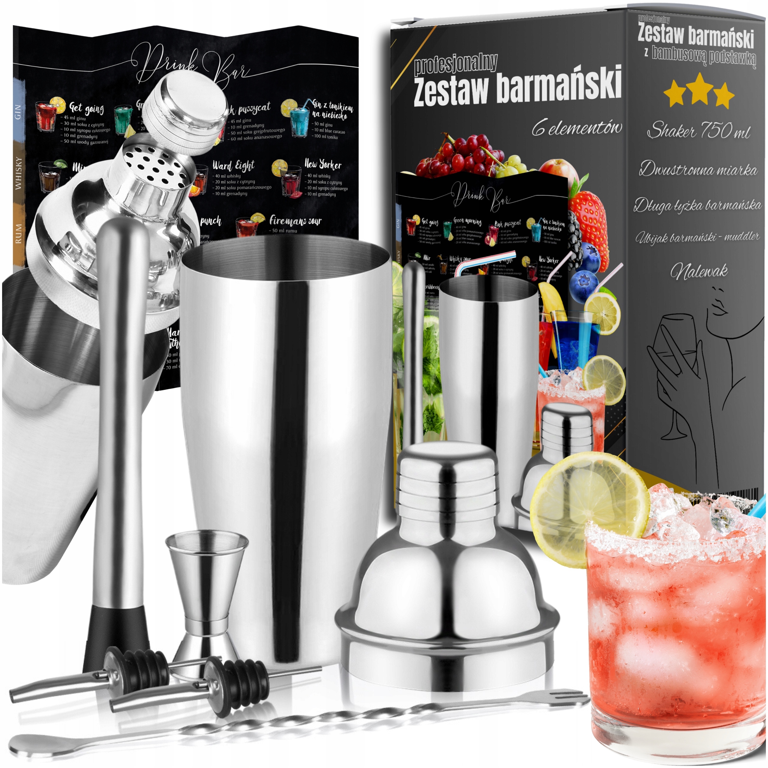 PROFESIONÁLNA BARMANSKÁ SÚPRAVA PRE NÁPOJOVÝ SHAKER 6 ELEMENTOV + ZADARMO
