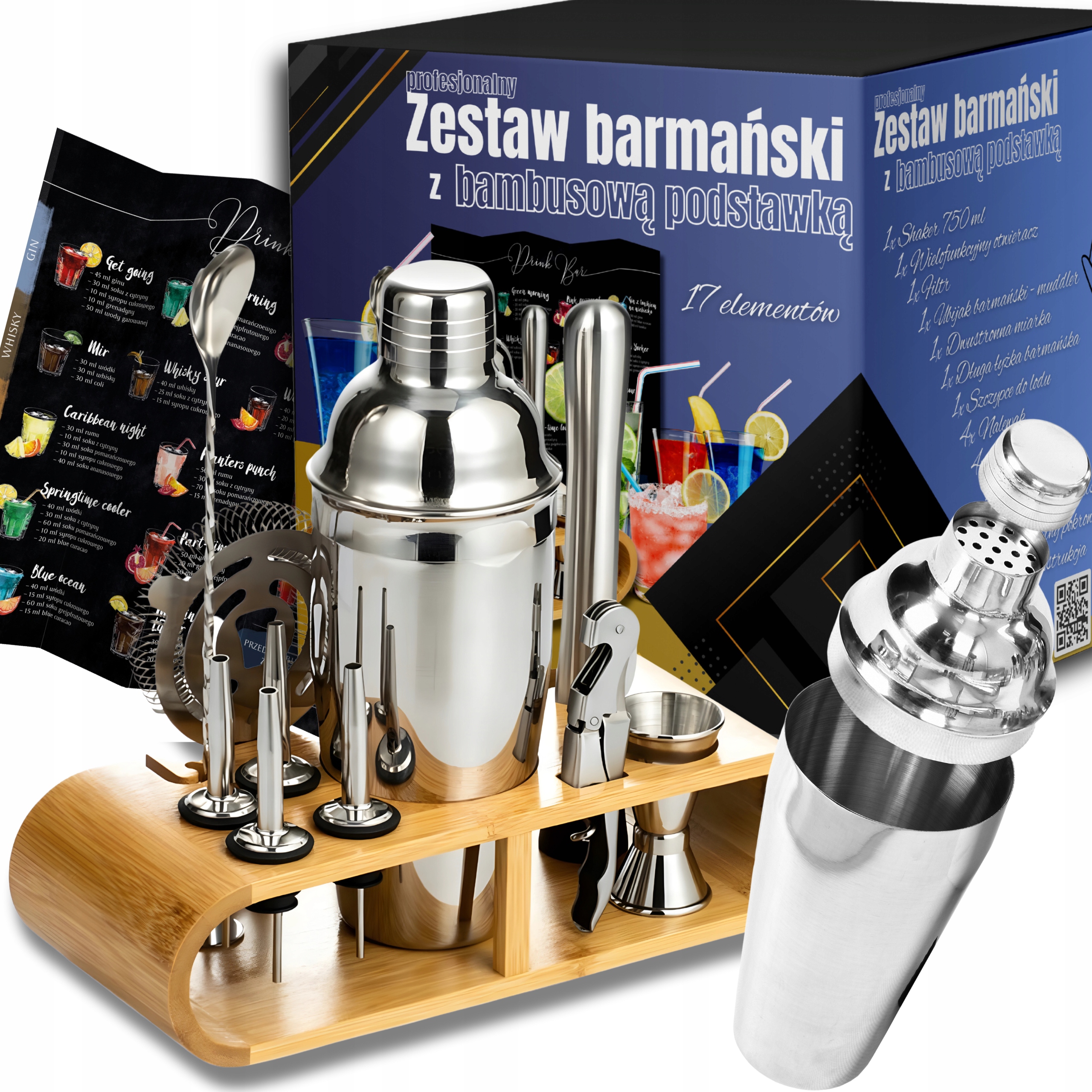 PROFESIONÁLNA BARMANSKÁ SADA PRE NÁPOJOVÝ SHAKER 17 ELEMENTOV + ZADARMO
