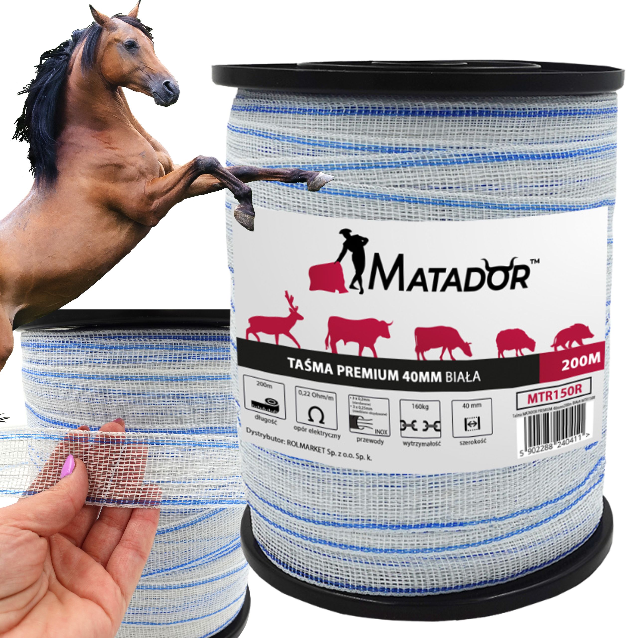 Elektrický ohradník páskový PREMIUM STRONG 40mm 200m 160kg kone