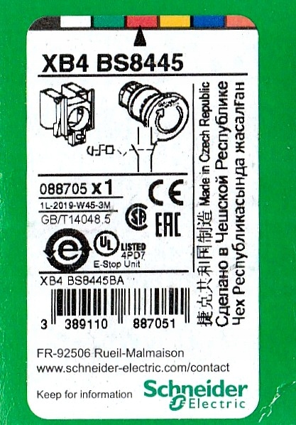 SCHNEIDER XB4BS8445. TLAČIDLO BEZPEČNOSTI 22 mm