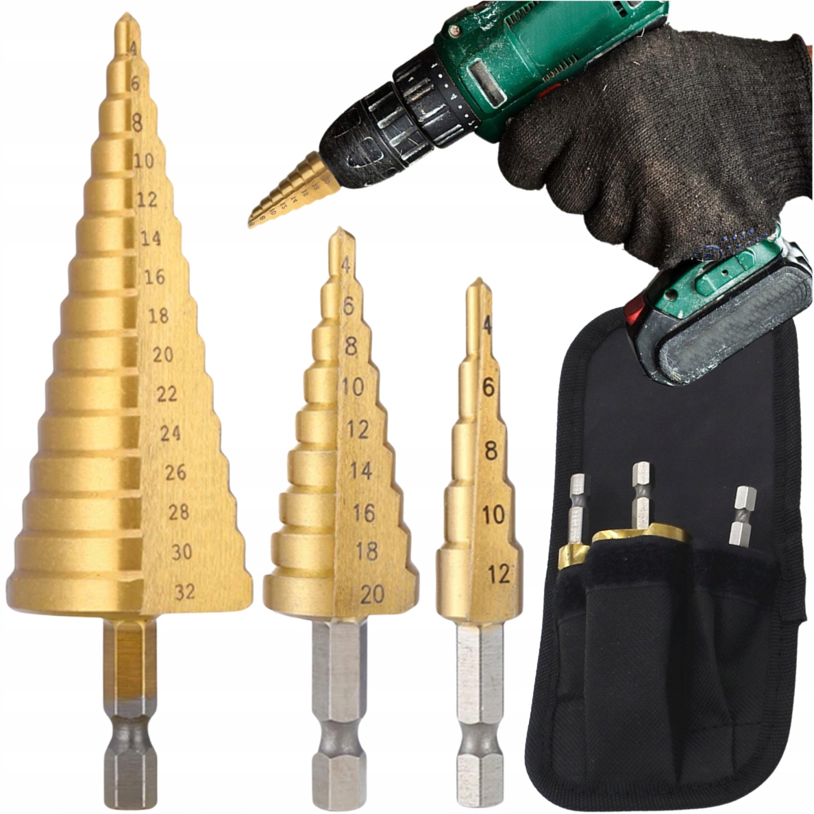 Stupňovité vrtáky, 3 ks, oceľ, sada, kužeľové, 4-32 mm, na drevo, plech