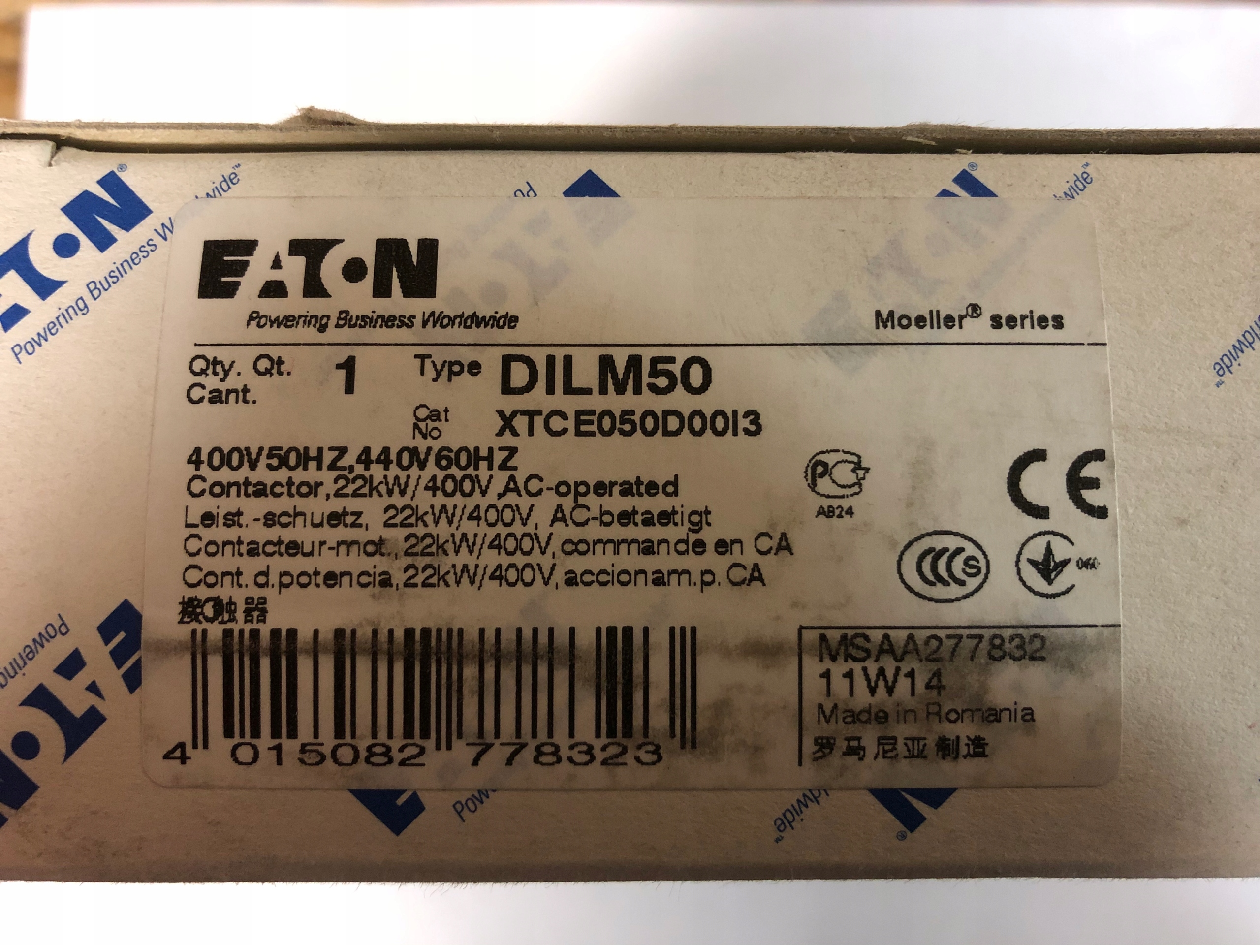 Výkonový stýkač DILM50 (400V50HZ, 440V60HZ) Eaton