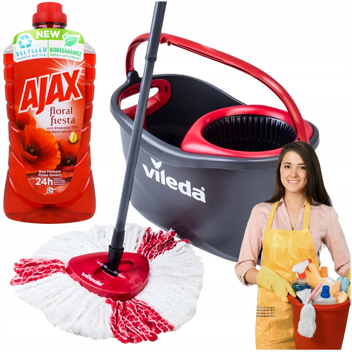 Vileda Easy Wring&Clean TURBO vedro a rotačný mop 38 cm + Ajax liquid 1l multifunkčné upratovanie